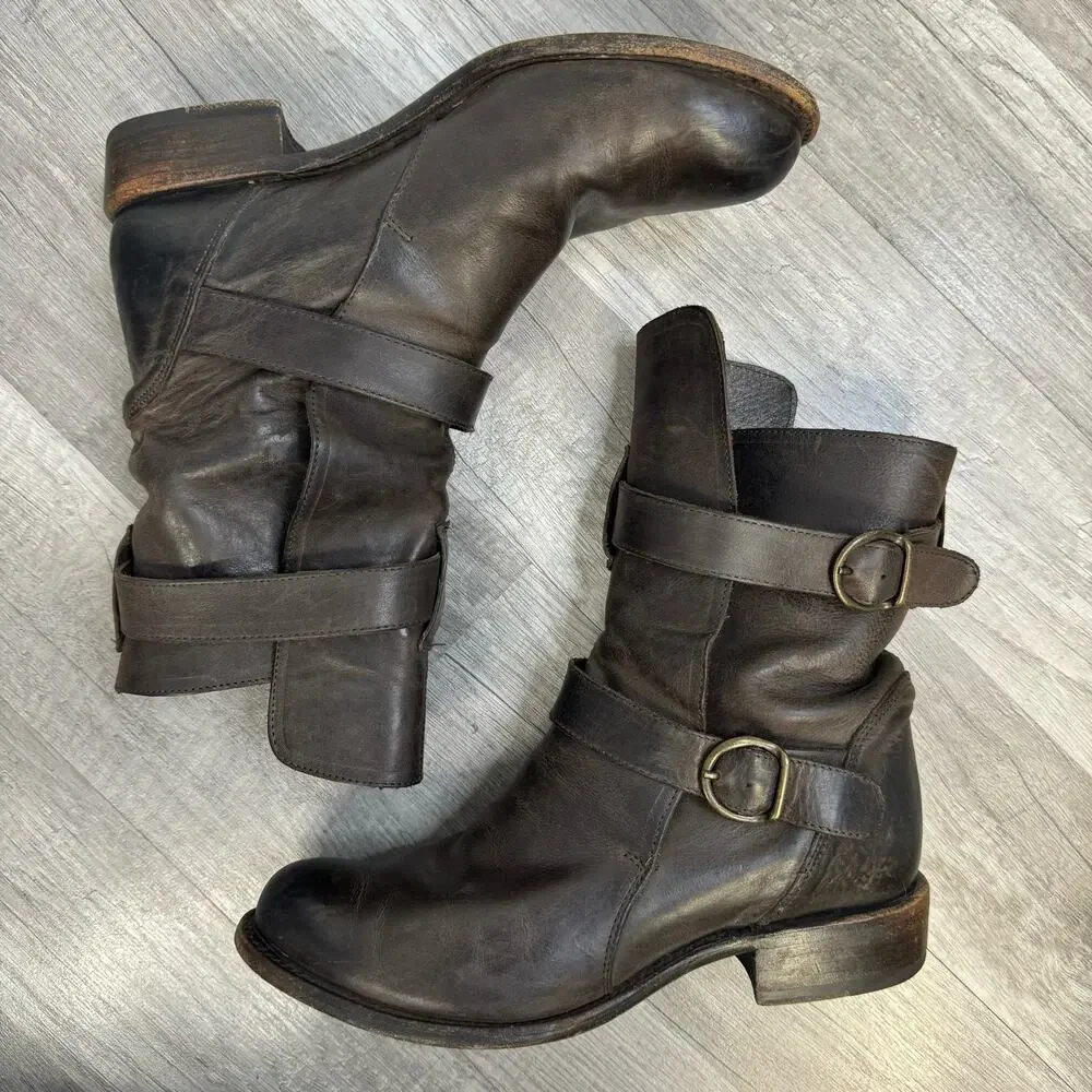 Sonora Burnished Brown Leather Brooklyn Ruina Moro Short Moto Boots Size 8 1/2 B